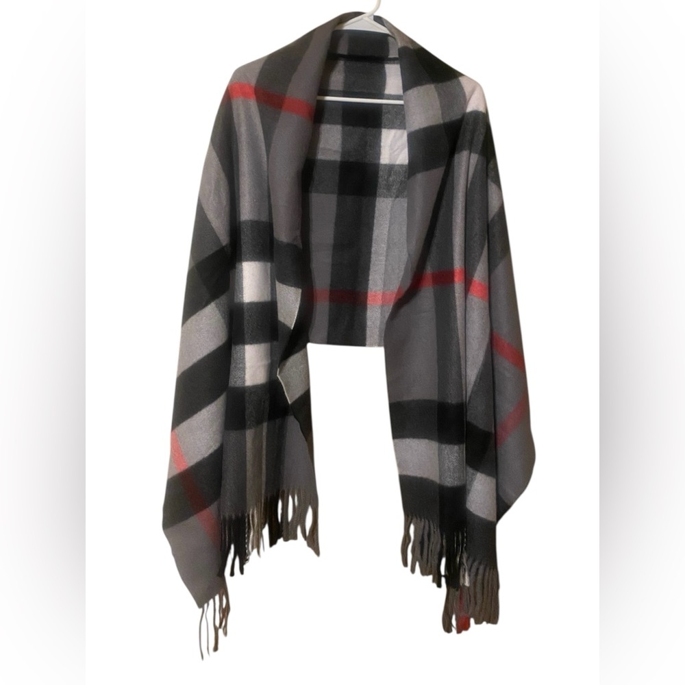 Sky Cashmere 100% Virgin Wool Scarf 26”X78” Fringe Beige Black Red Plaid Luxury - Picture 13 of 15